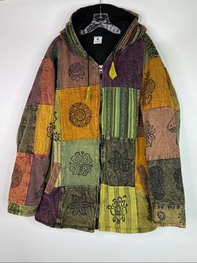 Katmandu Fleece Lined Hooded Boho Hippie Full Zip Patchwork Jacket Large